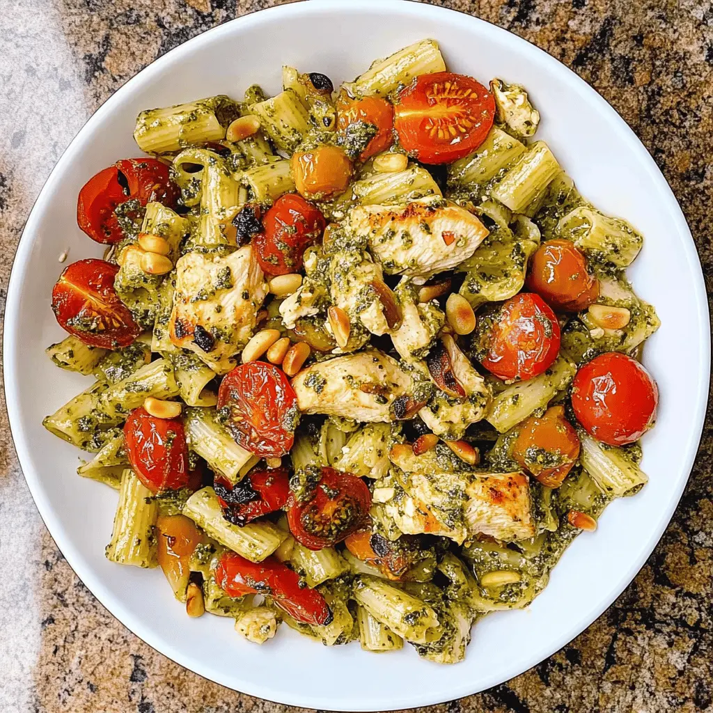 Looking for a quick and tasty dinner? This Chicken Pesto Pasta is bursting with flavor from fresh tomatoes and crunchy pine nuts. It's an easy one-pot meal that’s perfect for busy weeknights or a casual get-together. Save this recipe now for a delightful dish the whole family will love!