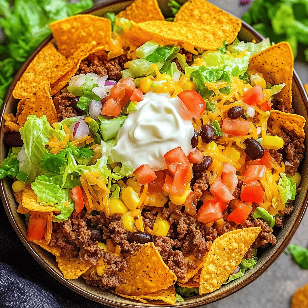 Get ready to enjoy a crunchy and flavorful Doritos Taco Salad! This vibrant dish combines crispy Doritos, seasoned ground beef, fresh veggies, and zesty dressing for a perfect blend of textures and tastes. Great for parties, picnics, or a quick dinner. Save this recipe and bring a fun twist to your next meal!