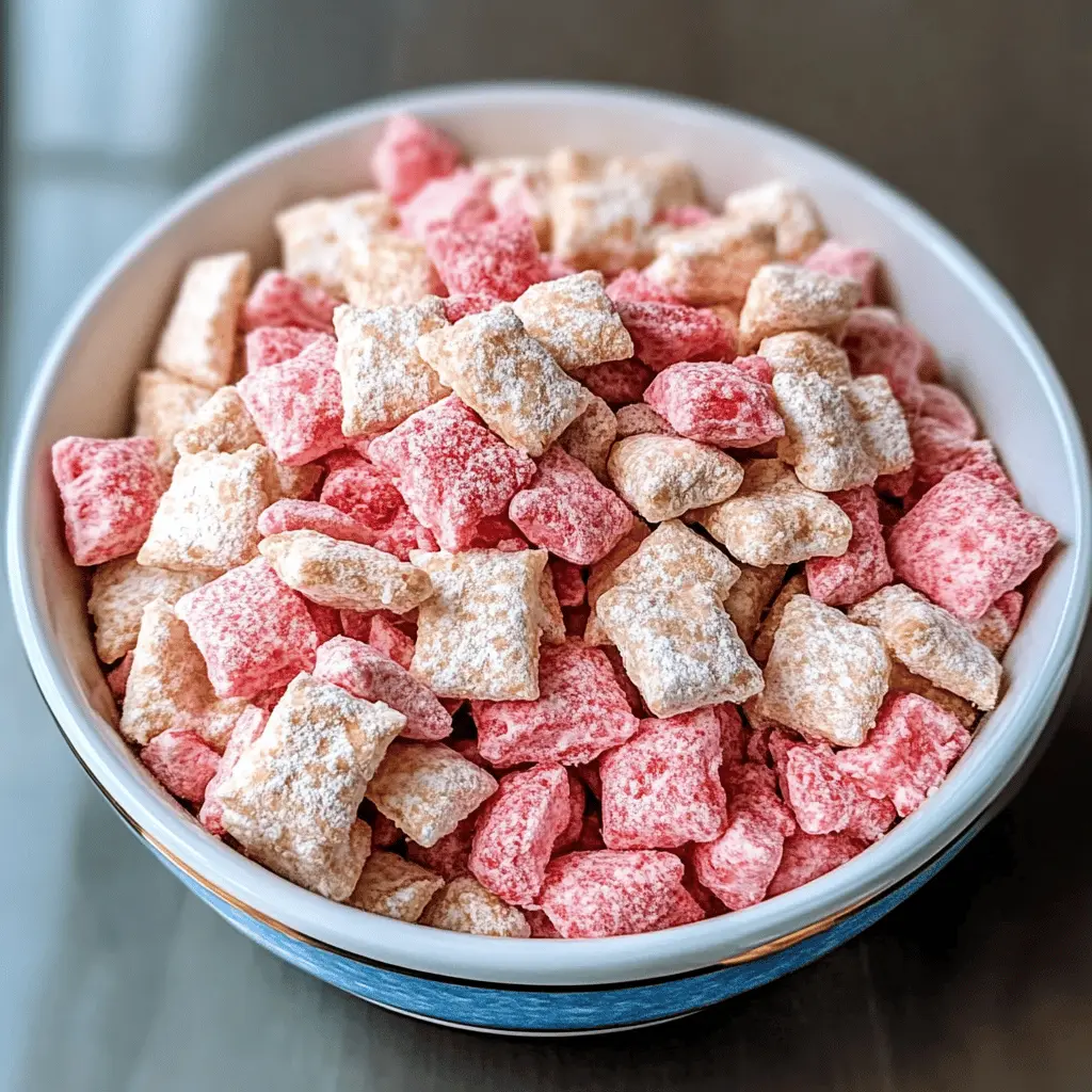 Treat your taste buds to this delicious Fluffy Strawberry Shortcake Puppy Chow! Made with fruity strawberries, creamy white chocolate, and a dusting of powdered sugar, this snack is perfect for sharing at parties or indulging on a cozy night in. Save this recipe to enjoy a sweet, crunchy delight anytime you need a pick-me-up!