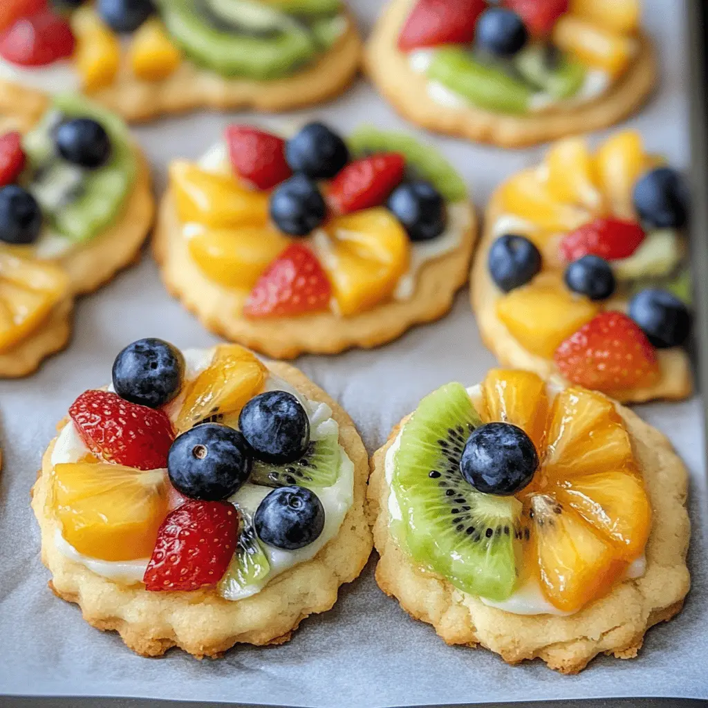 These colorful Fruit Pizza Cookies are a delightful combination of sweet sugar cookies topped with a creamy frosting and fresh fruit! Perfect for summer gatherings or as a fun dessert any time of year. Easy to make and sure to impress, save this recipe for your next party or family get-together!