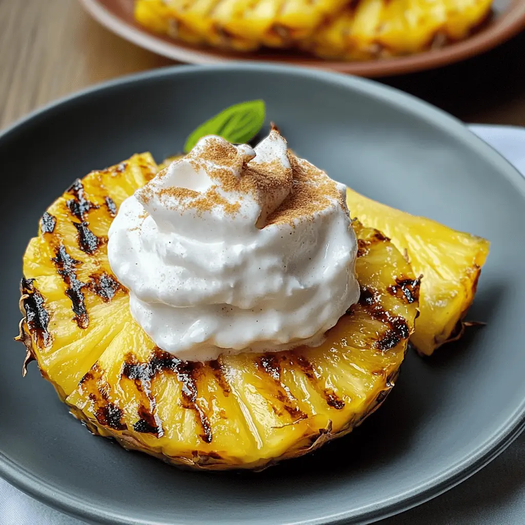 Elevate your desserts with this delightful Grilled Pineapple topped with Coconut Cinnamon Whipped Cream! The sweet caramelized pineapple pairs perfectly with the creamy coconut and a hint of cinnamon, creating a tropical twist. Perfect for summer barbecues or a refreshing treat any time. Save this recipe to impress your guests!