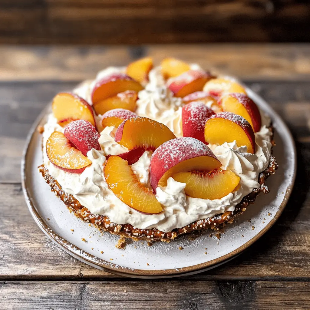 Looking for a delightful dessert that combines sweet peaches and creamy goodness? This Peaches And Cream Pretzel Pie has a crunchy pretzel crust, lush peach filling, and smooth cream cheese layer that everyone will adore. Perfect for summer gatherings or family dinners! Save this amazing recipe for your next event and impress your guests with its unique flavor!