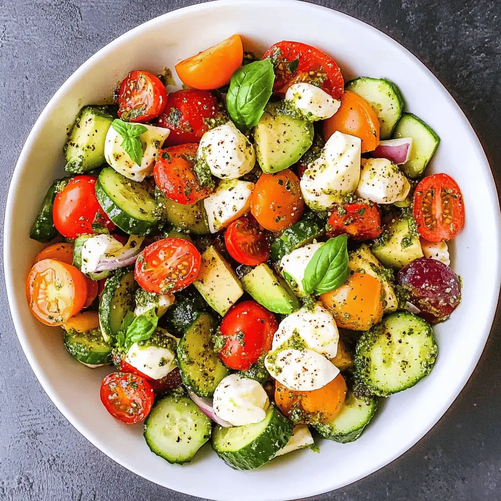 Brighten your table with this refreshing Tomato Cucumber Salad! Packed with juicy tomatoes, crunchy cucumbers, creamy avocado, and delightful mozzarella, all tossed in a vibrant basil pesto. Perfect for summer gatherings or a quick weeknight meal. Save this easy recipe for a burst of flavor any time you need a light and delicious dish!