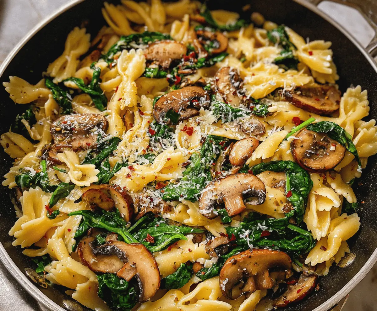 Easy Cheesy Parmesan Spinach Mushroom Pasta Skillet