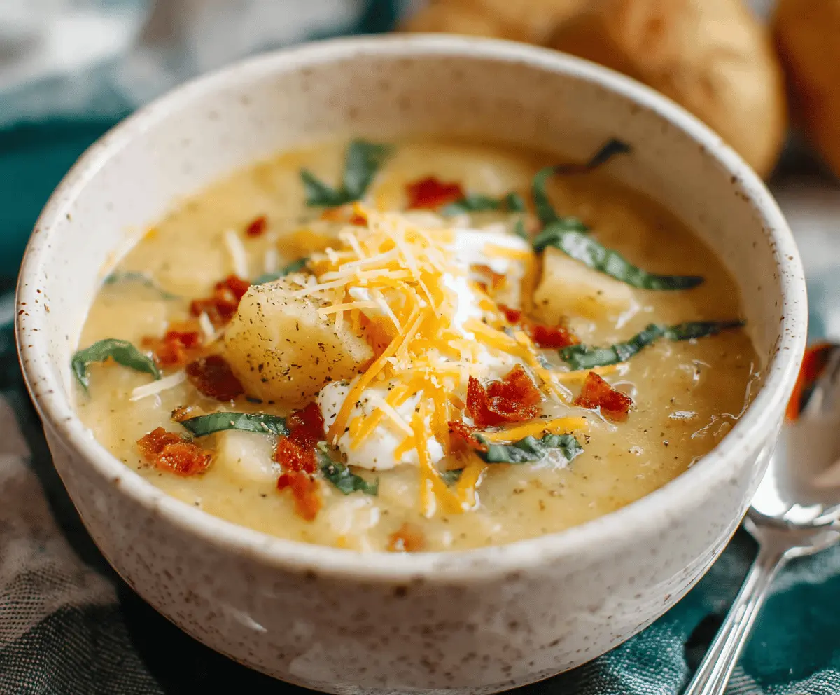 Creamy 30-minute potato soup in a bowl topped with fresh herbs, served with bread for a quick and hearty meal.