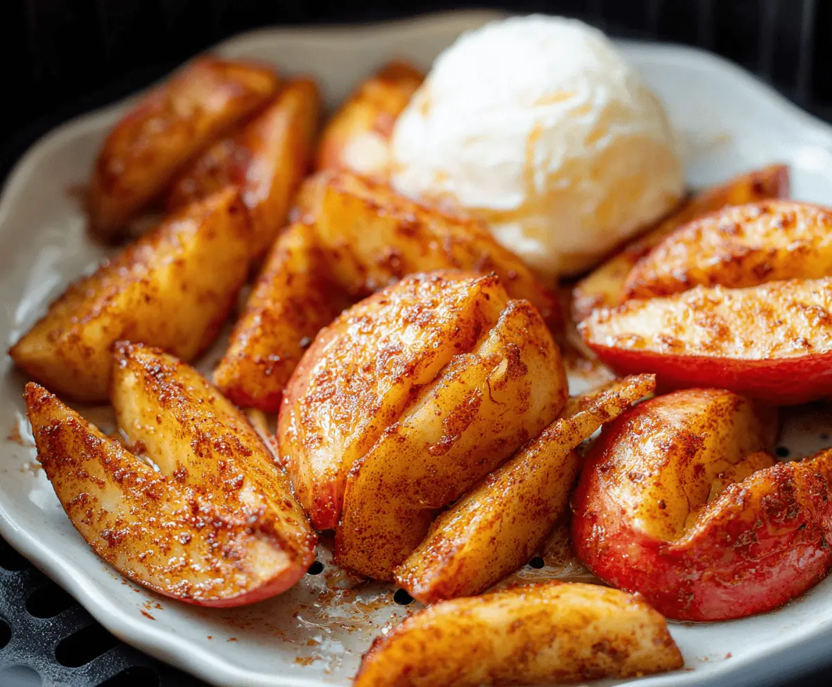 Delicious crispy air fryer apples garnished with cinnamon and served as a healthy dessert or snack