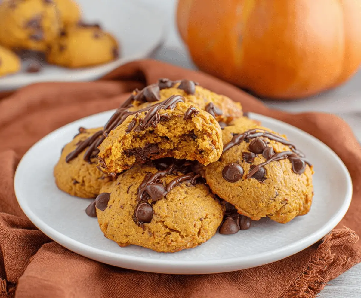 Delicious homemade Air Fryer Pumpkin Cookies topped with chocolate chips and a sprinkle of cinnamon on a white plate.