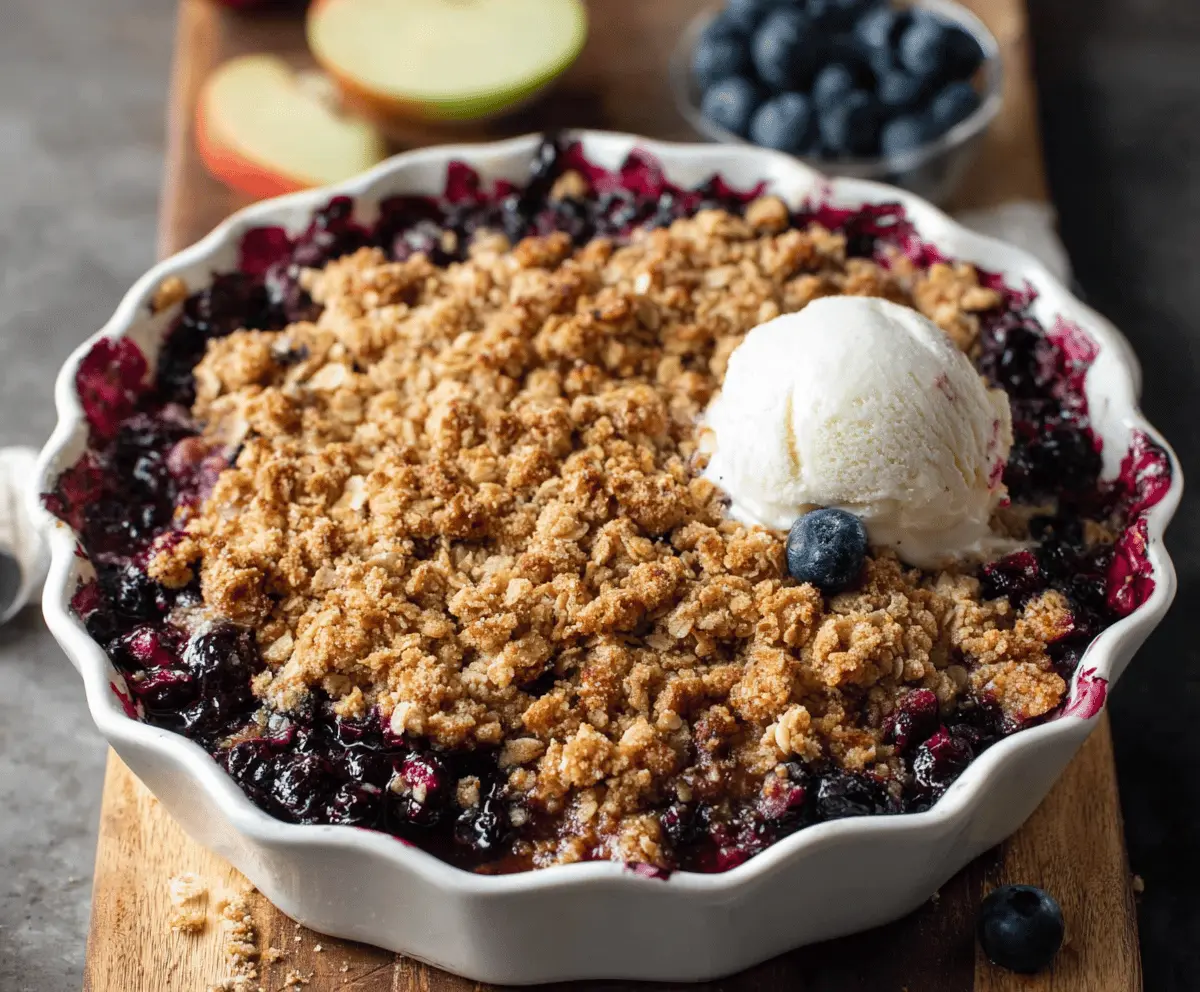 Delicious homemade apple blueberry crisp topped with golden brown crumble, served with a scoop of vanilla ice cream