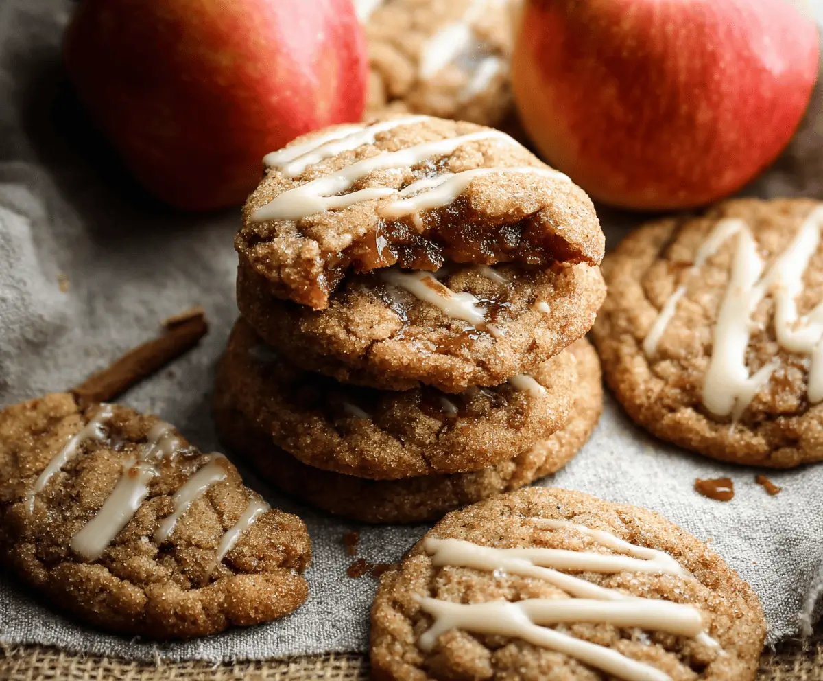 Delicious homemade apple butter cookies topped with cinnamon and sugar on a rustic wooden surface.