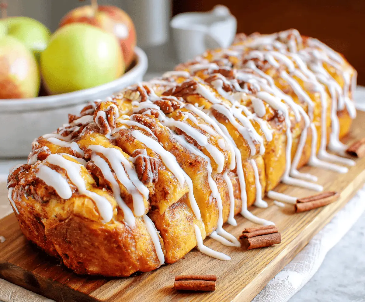 Delicious homemade apple cinnamon pull apart bread topped with a glaze and cinnamon sugar, perfect for breakfast or dessert