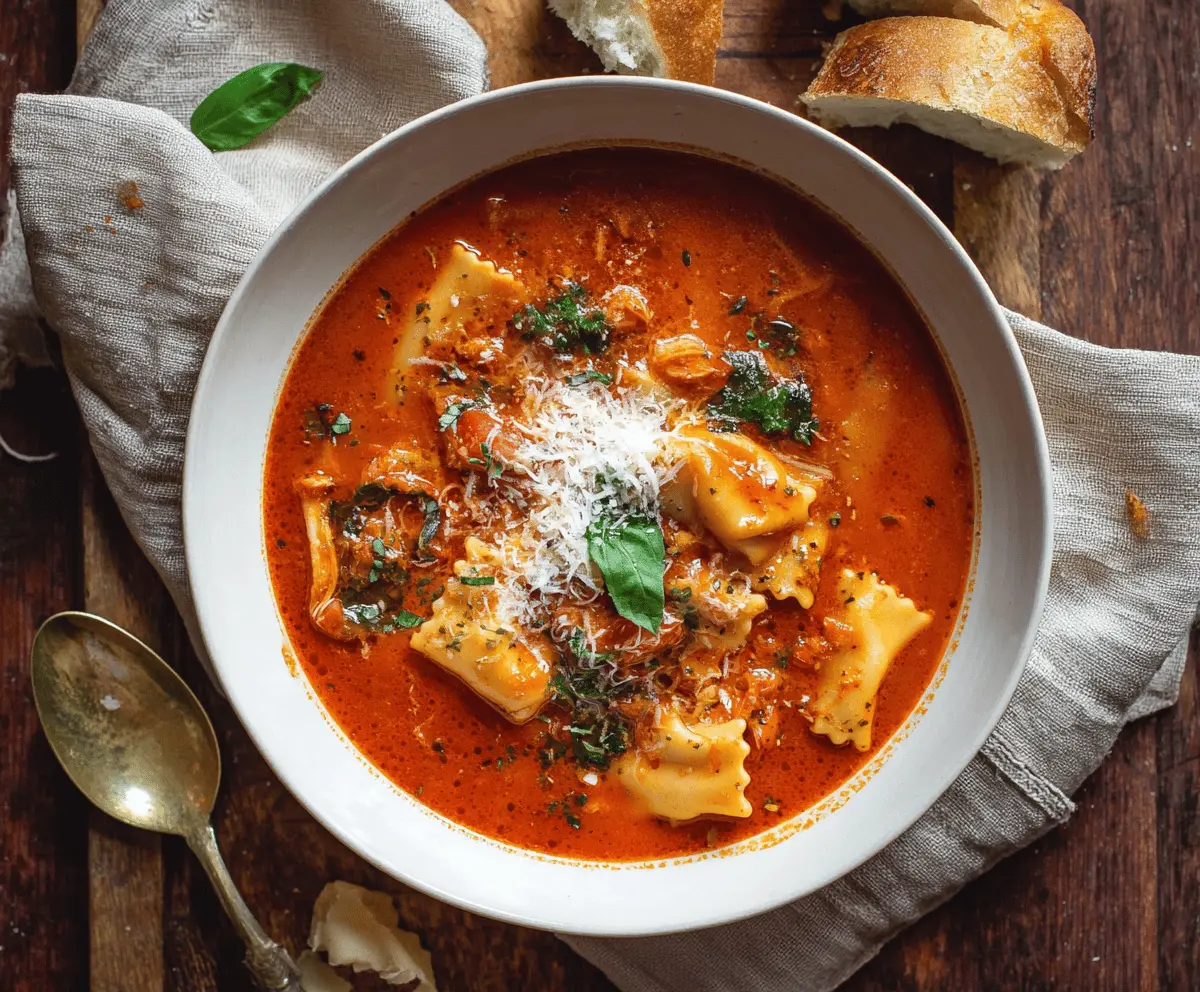 Spicy Arrabbiata Lasagna Soup in a bowl garnished with fresh basil and melted cheese, served with bread on the side
