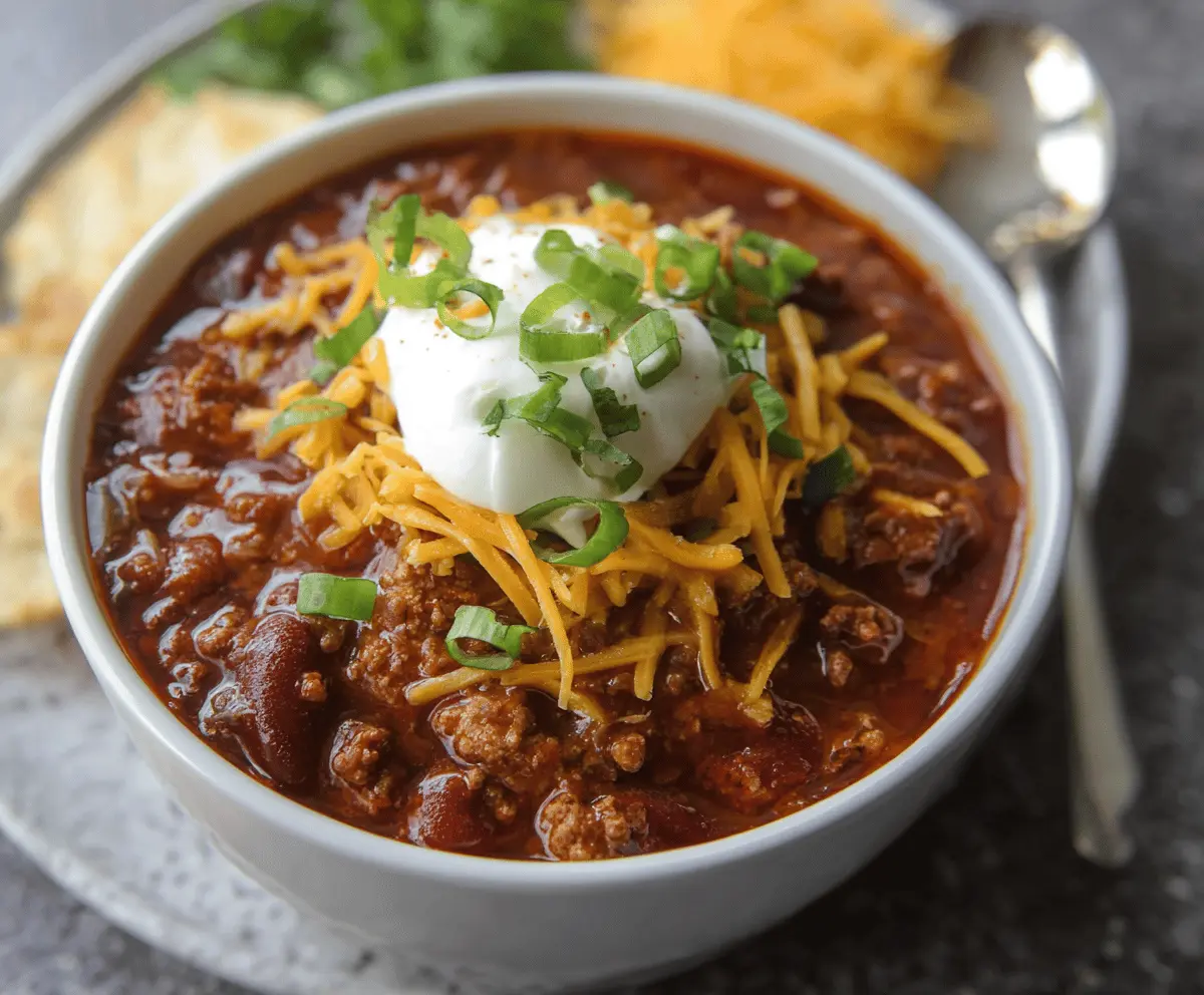 Hearty Beer Chili in a bowl with beans, beef, and spices, served with fresh herbs and bread on the side