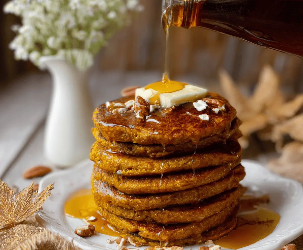 Fluffy blender pumpkin pancakes topped with syrup and fresh berries on a white plate, perfect for fall breakfast