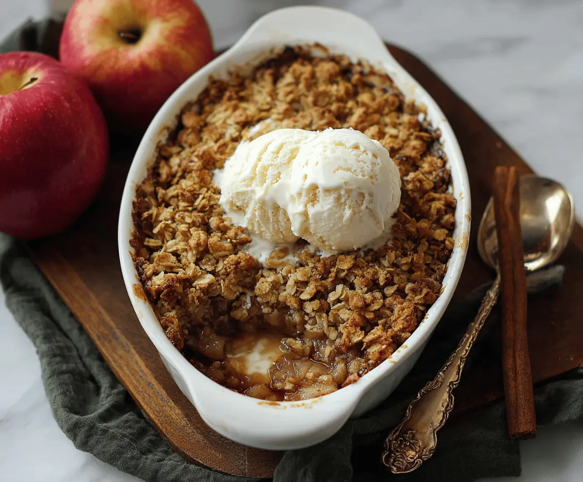 Delicious homemade brown butter apple crisp topped with golden oats and cinnamon, served in a rustic baking dish.