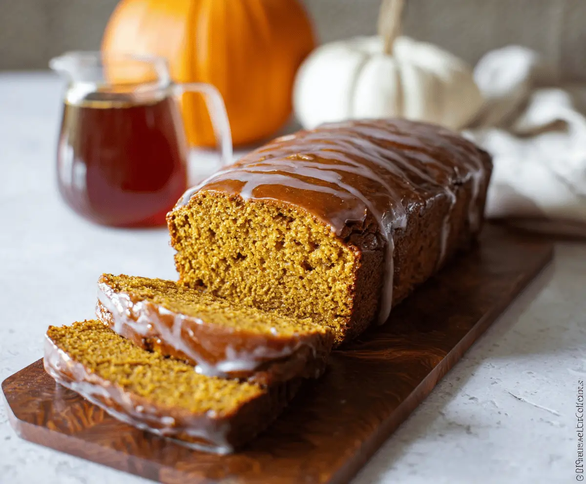 Delicious homemade pumpkin bread topped with a glossy brown butter maple glaze, garnished with chopped nuts and fresh pumpkin seeds