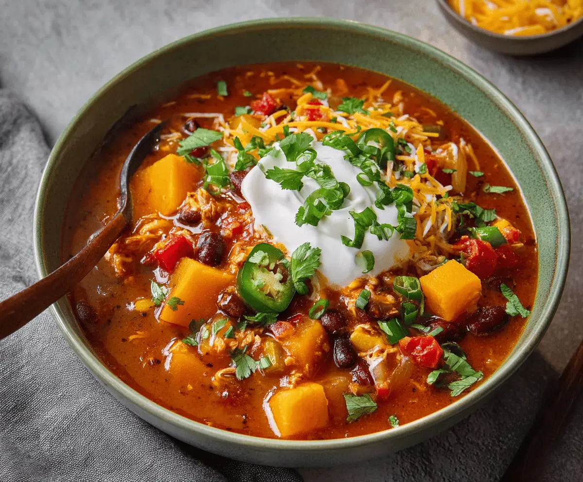 A bowl of hearty butternut squash chili topped with fresh herbs and garnishes, served in a rustic bowl on a wooden table.