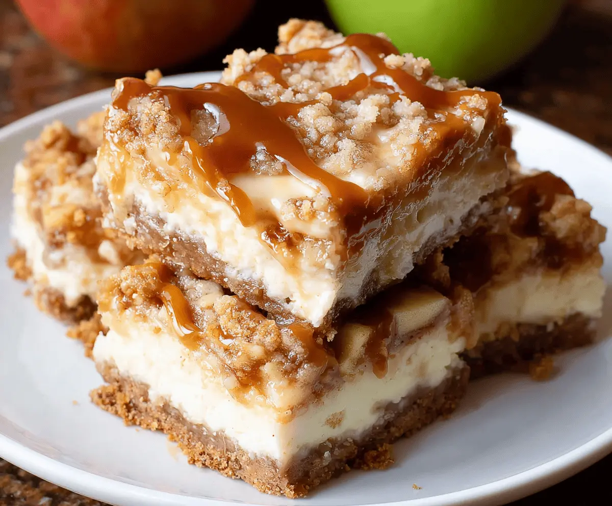 Delicious caramel apple cheesecake bars with a graham cracker crust topped with caramel drizzle and sliced fresh apples for a sweet fall dessert.