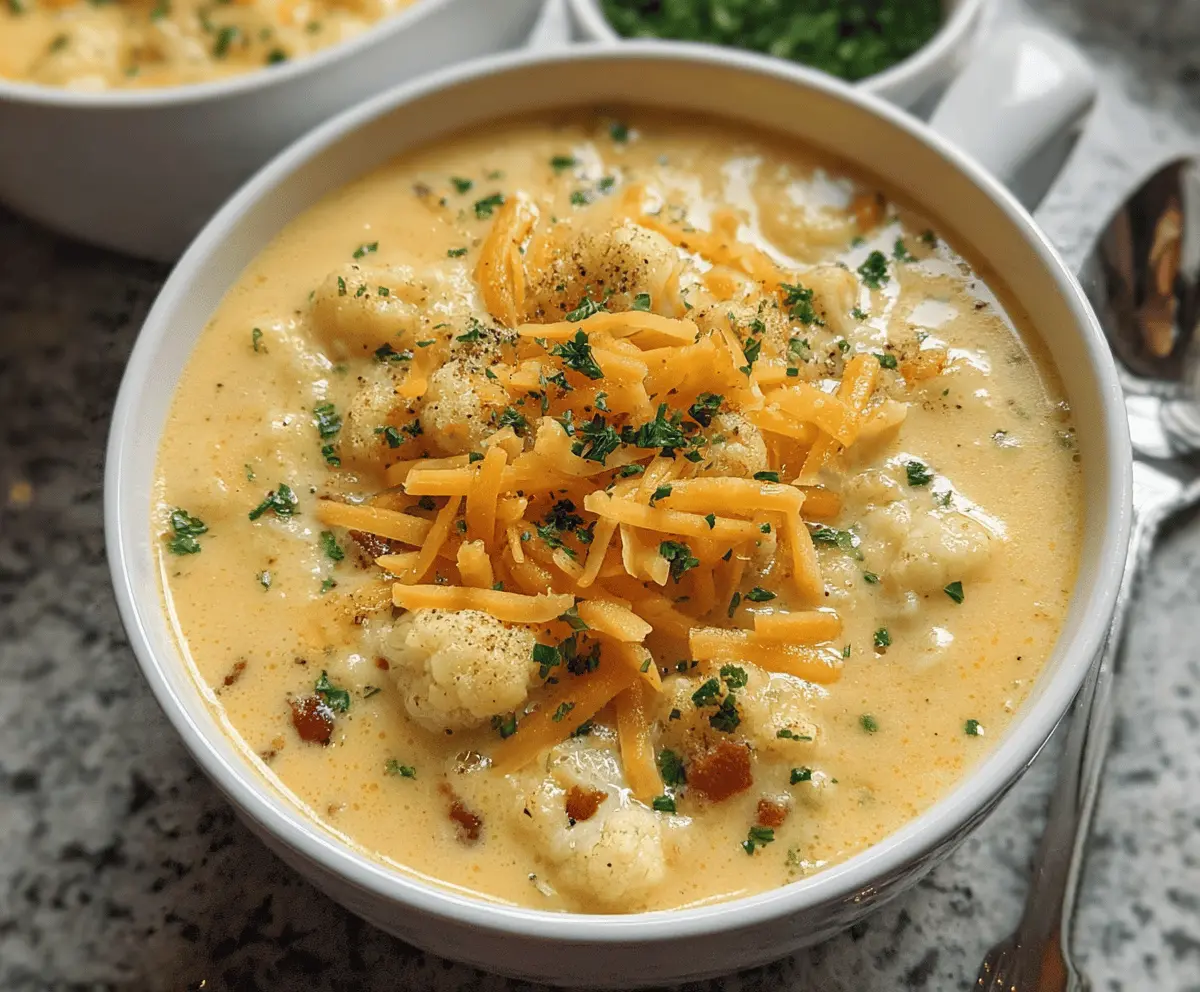 Creamy Cheddar Cauliflower Soup served in a bowl with fresh herbs, perfect for a comforting and healthy meal
