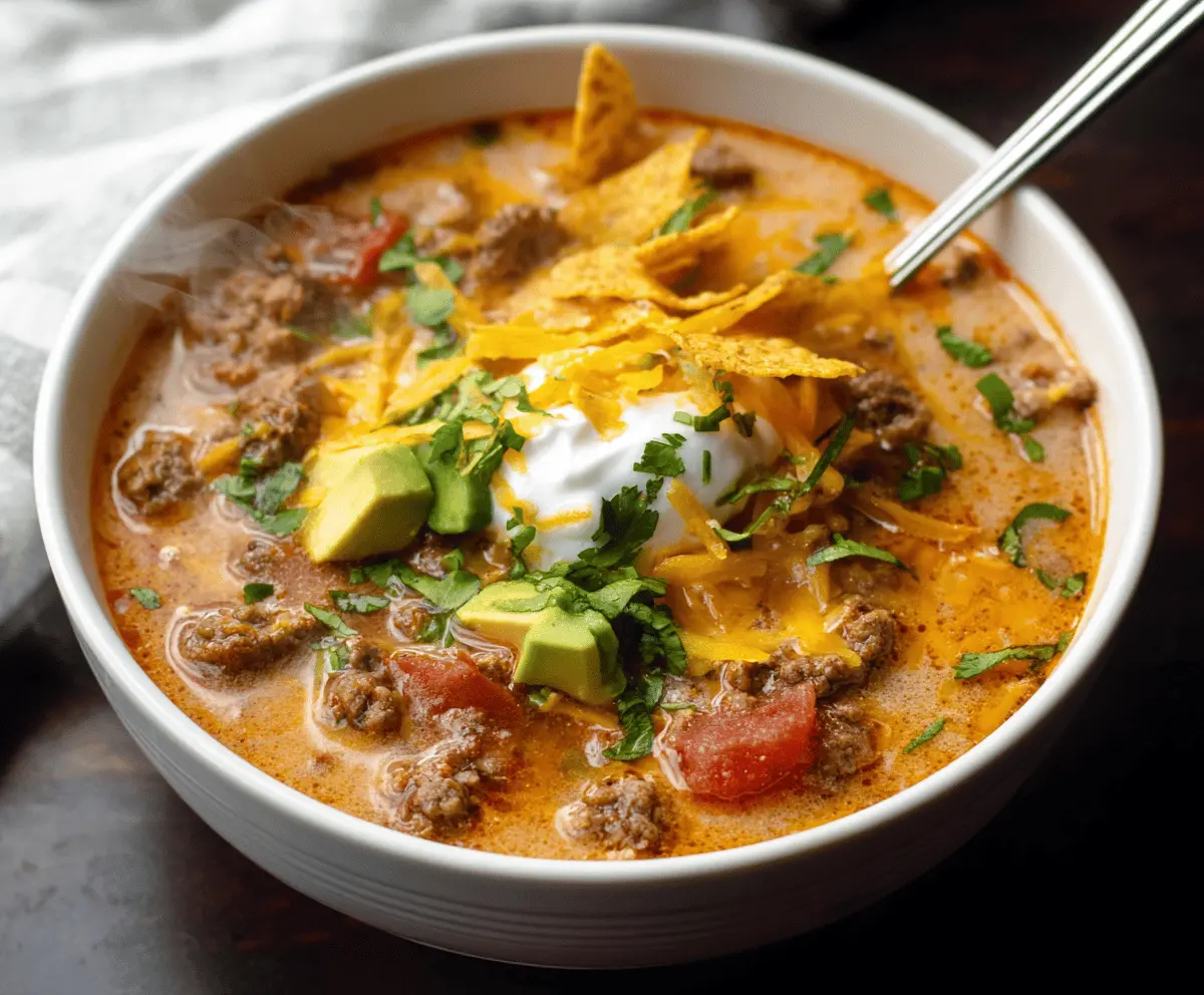 A bowl of cheesy ground beef taco soup topped with shredded cheese, fresh cilantro, and tortilla chips, served in a rustic bowl on a wooden table.