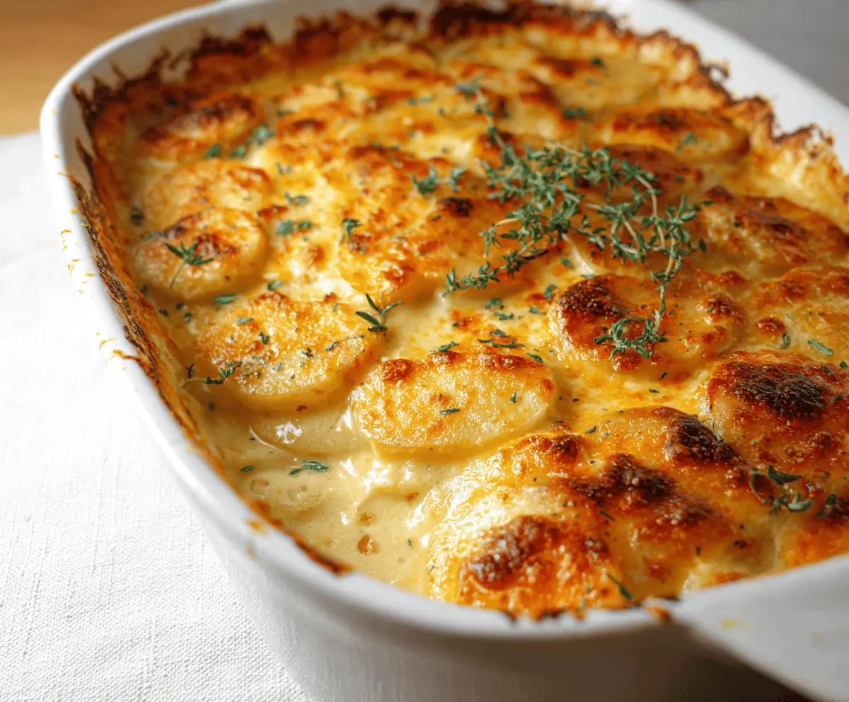 Delicious cheesy scalloped potatoes baked to golden perfection with melted cheese and creamy sauce, served as a comforting side dish