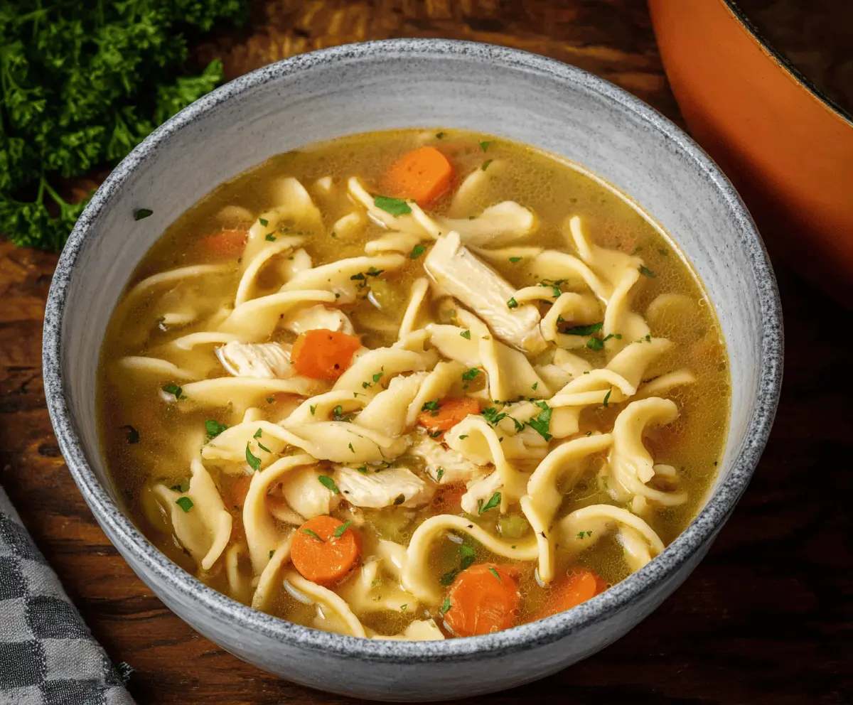 Delicious homemade chicken noodle soup with tender chicken, egg noodles, and fresh vegetables in a savory broth