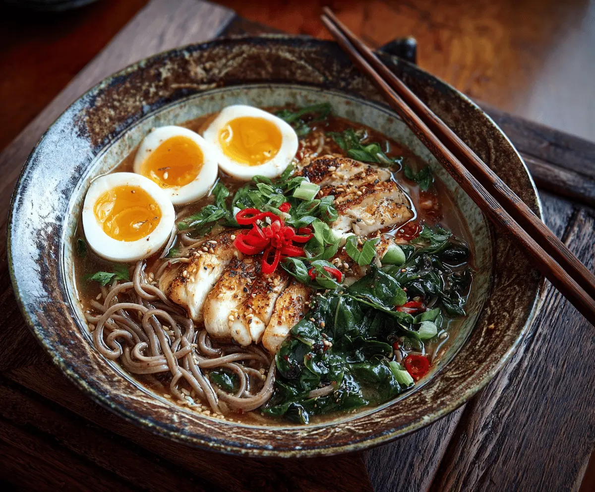 A steaming bowl of Chicken Soba Noodle Soup garnished with fresh herbs and vegetables, showcasing tender chicken, soba noodles, and colorful toppings in a comforting broth.