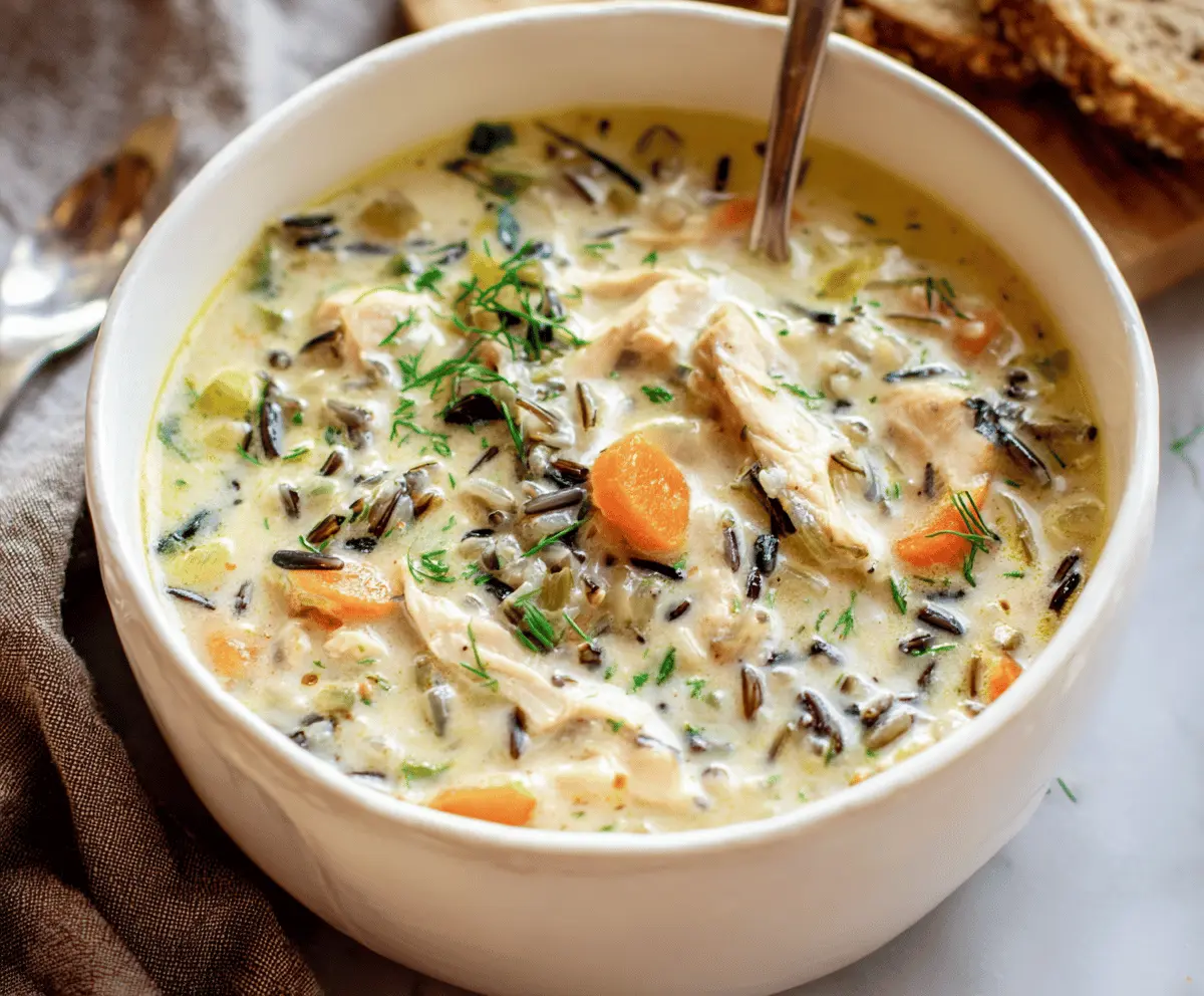 Creamy chicken wild rice soup served in a bowl with herbs and vegetables, perfect for a comforting meal