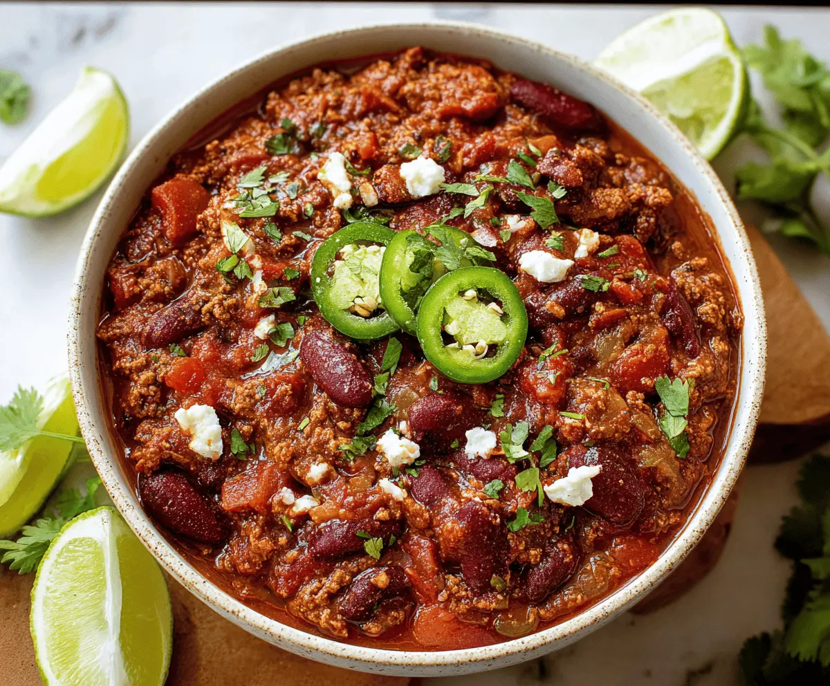 Spicy chipotle chili in a bowl with beans, meat, and smoky chili peppers, served with fresh herbs