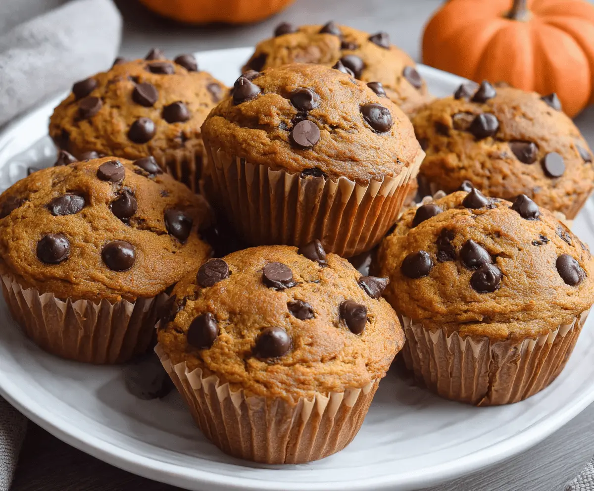 Delicious homemade chocolate chip pumpkin muffins topped with chocolate chips, perfect for fall baking and breakfast treats