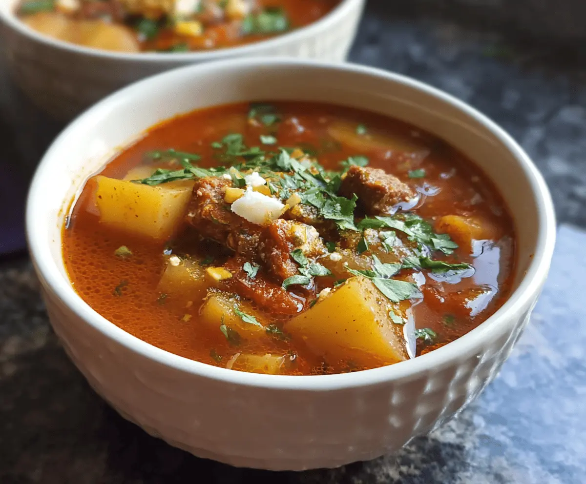 Creamy chorizo and potato soup garnished with fresh herbs in a bowl, perfect for a hearty and flavorful meal