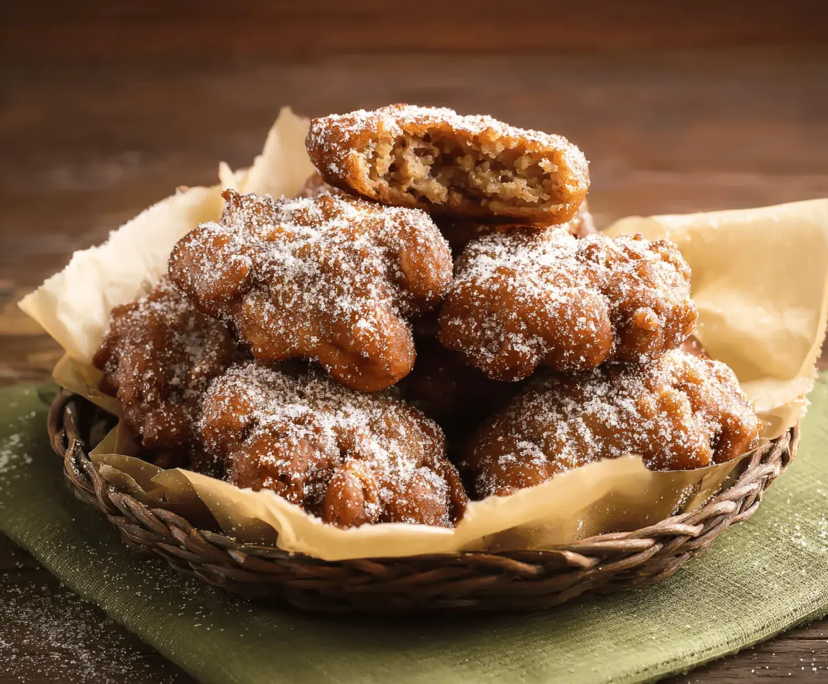 Golden cinnamon apple fritters dusted with powdered sugar, served on a plate with a crispy exterior and tender apple filling, perfect for a sweet treat.