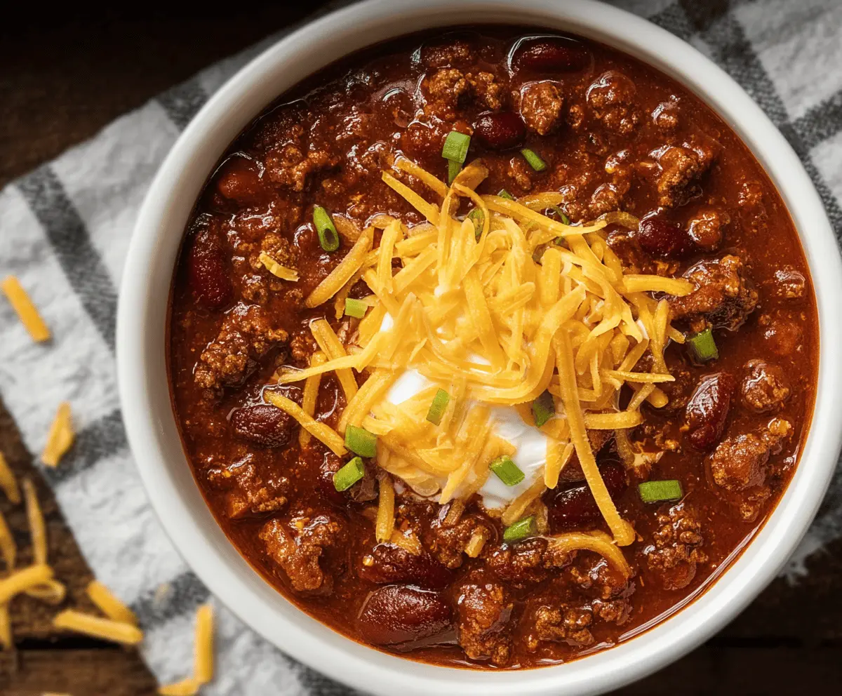 A steaming bowl of classic chili topped with shredded cheese and fresh cilantro, served with cornbread on the side.