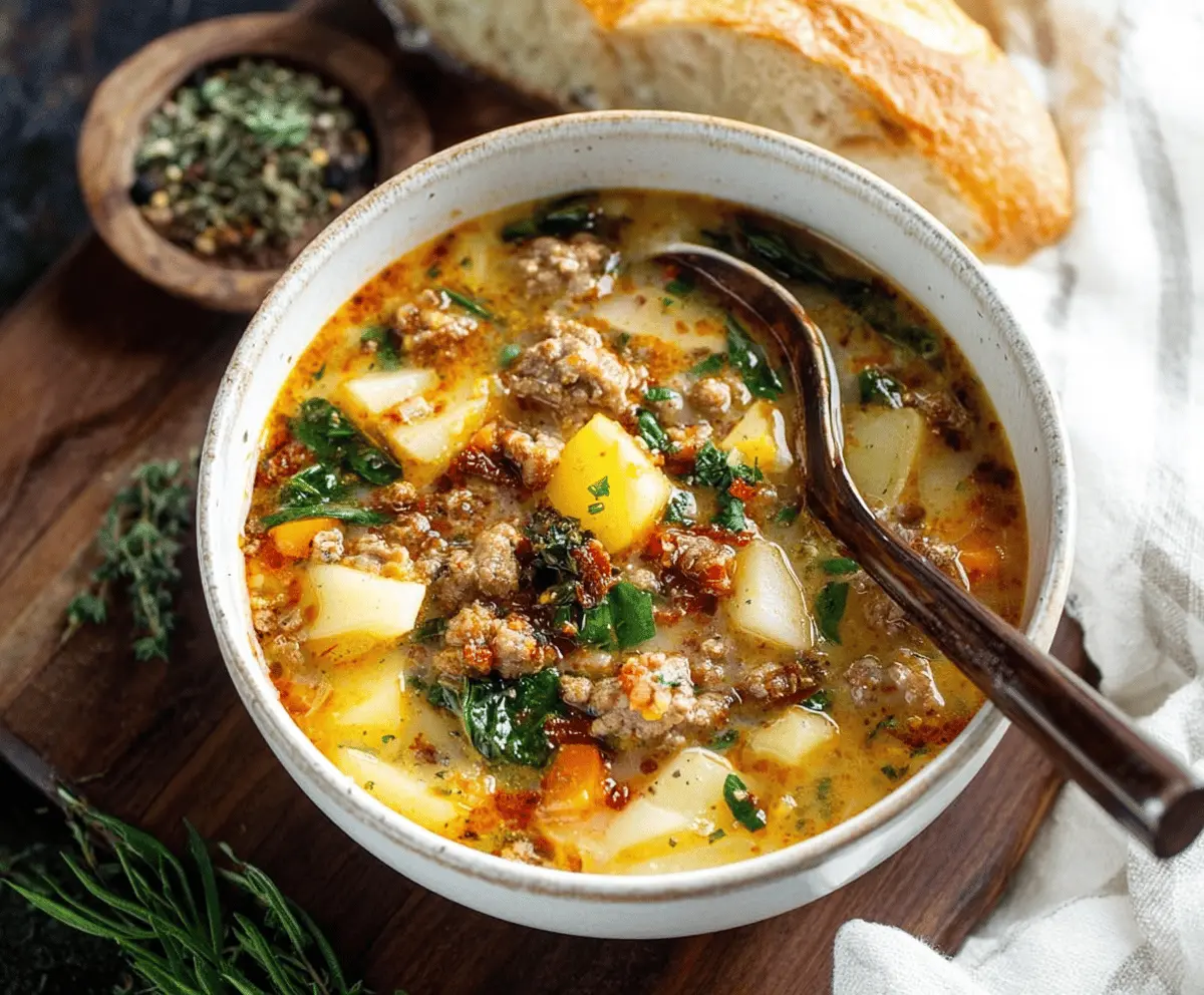 Creamy Italian sausage and potato soup in a bowl topped with fresh herbs, perfect for a cozy meal