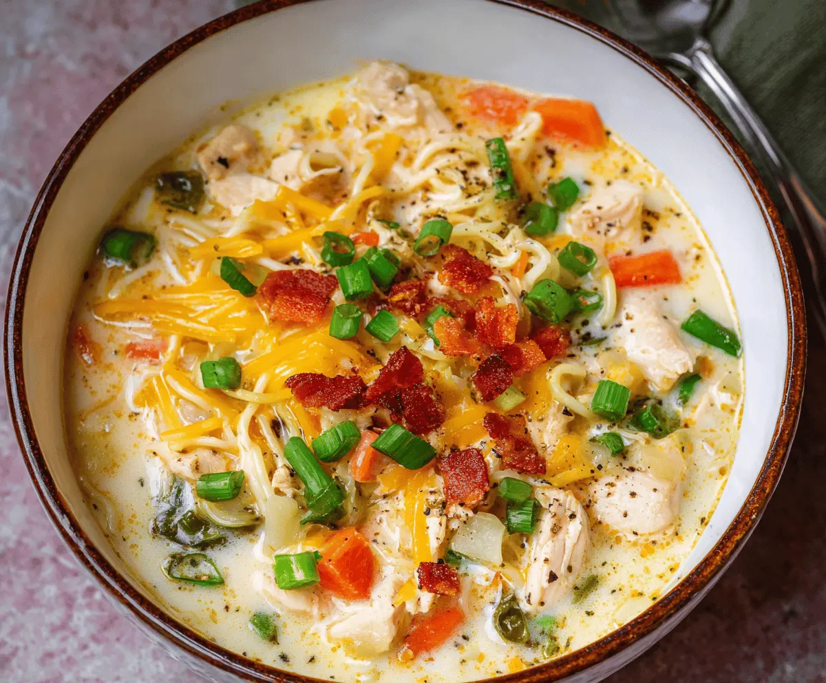 Creamy Crack Chicken Noodle Soup with tender chicken, vegetables, and hearty noodles in a savory broth