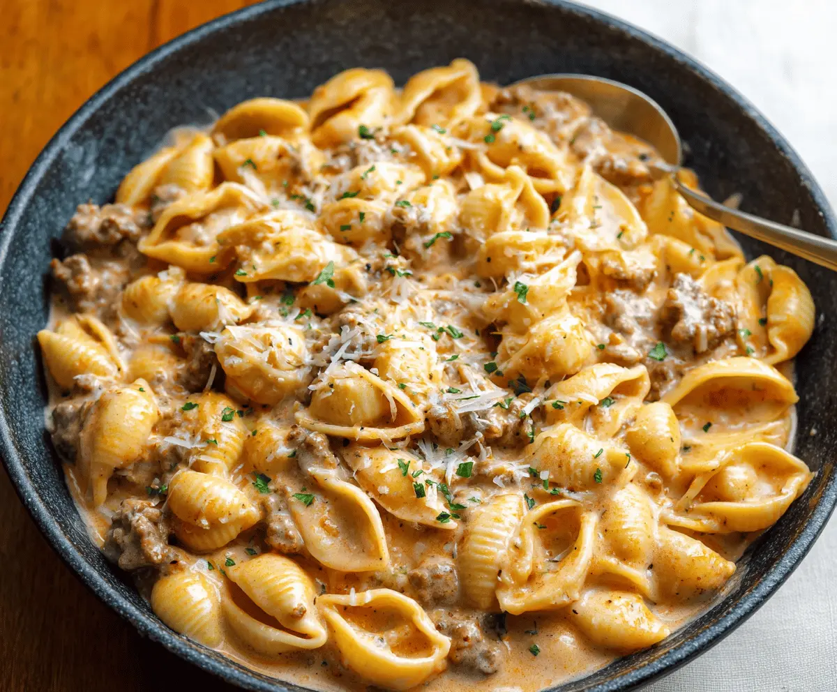 Creamy beef and pasta shells in a flavorful cheese sauce served on a white plate, garnished with fresh herbs