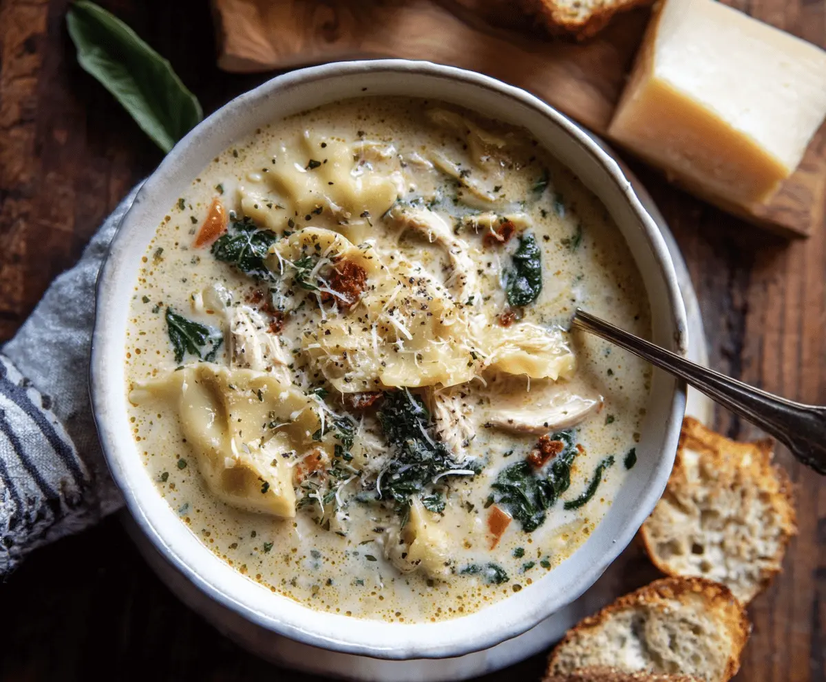 A bowl of creamy chicken lasagna soup garnished with fresh basil and melted cheese, showcasing layers of tender chicken, pasta, and rich, cheesy broth for a comforting and delicious meal.