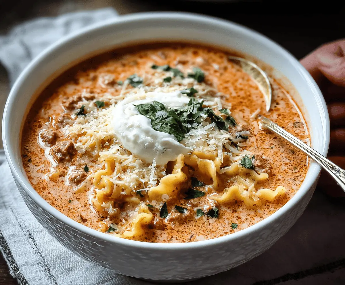 Creamy Instant Pot Lasagna Soup in a bowl topped with melted cheese and fresh basil, ready to serve