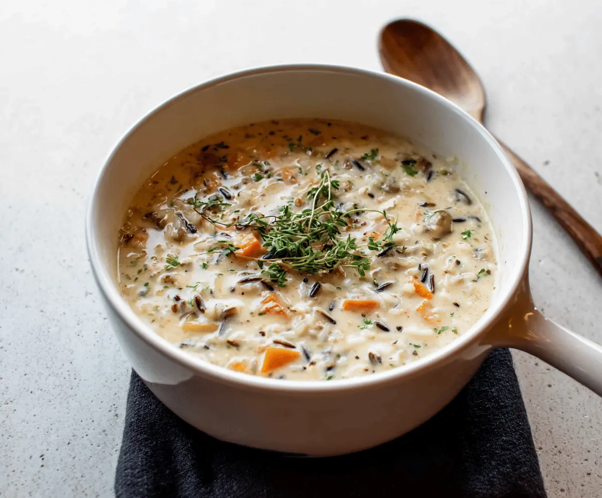 Creamy wild rice soup in a bowl garnished with fresh herbs and served with crusty bread on a rustic table.