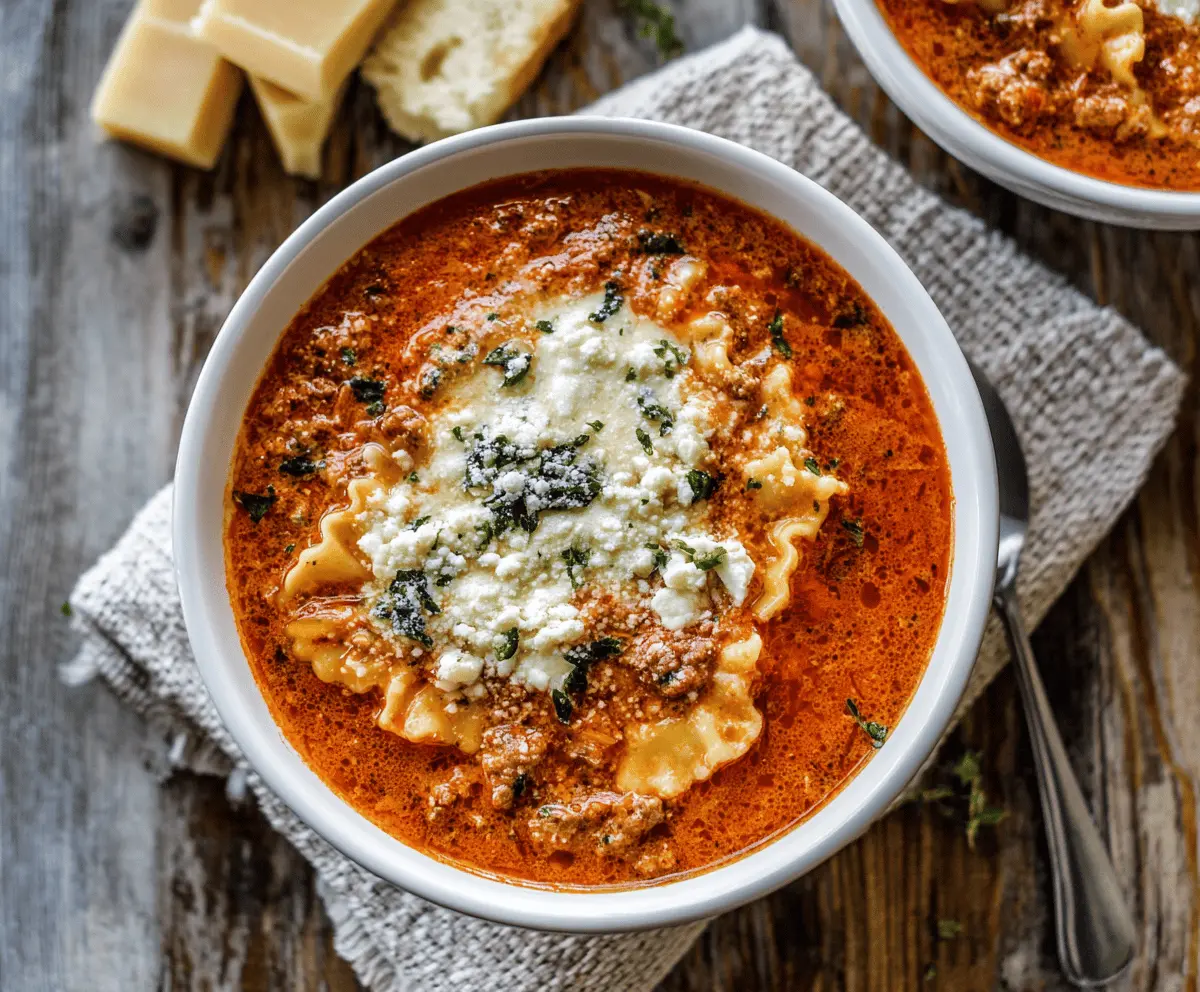 Creamy Crockpot Cheesy Ricotta Lasagna Soup in a bowl with melted cheese, fresh herbs, and pasta, perfect for a comforting meal