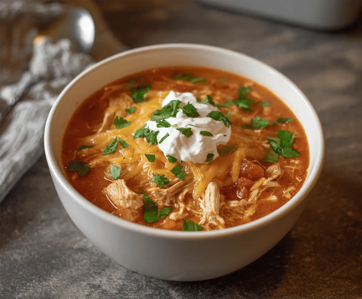 Delicious Crockpot Keto Chicken Taco Soup in a bowl with shredded chicken, melted cheese, and fresh cilantro on top