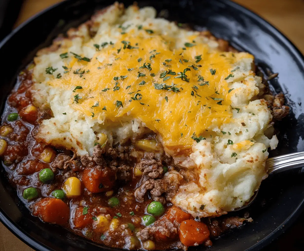 Delicious homemade Crockpot Shepherd’s Pie topped with golden mashed potatoes and savory meat filling served in a crockpot.