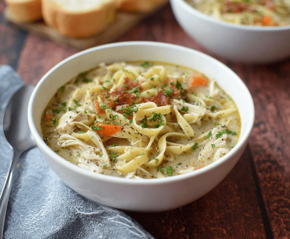 Creamy and comforting dairy-free chicken noodle soup with tender chicken, vegetables, and gluten-free noodles in a flavorful broth