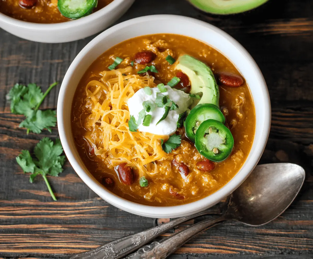 Spicy dairy-free chili served in a bowl with fresh herbs and vegetables, perfect for a hearty vegan meal