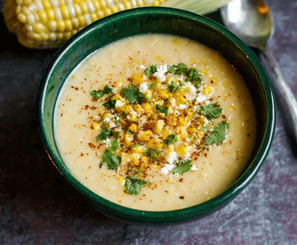 Creamy Elote Corn Soup in a bowl topped with fresh cilantro, crumbled cheese, and chili powder, served with lime wedges for a flavorful Mexican-inspired appetizer.