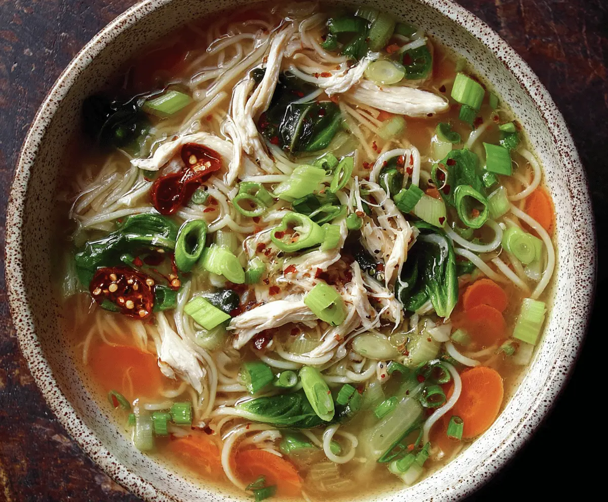 A steaming bowl of Ginger Garlic Chicken Noodle Soup with shredded chicken, fresh herbs, and vegetables in a flavorful broth, perfect for cold days