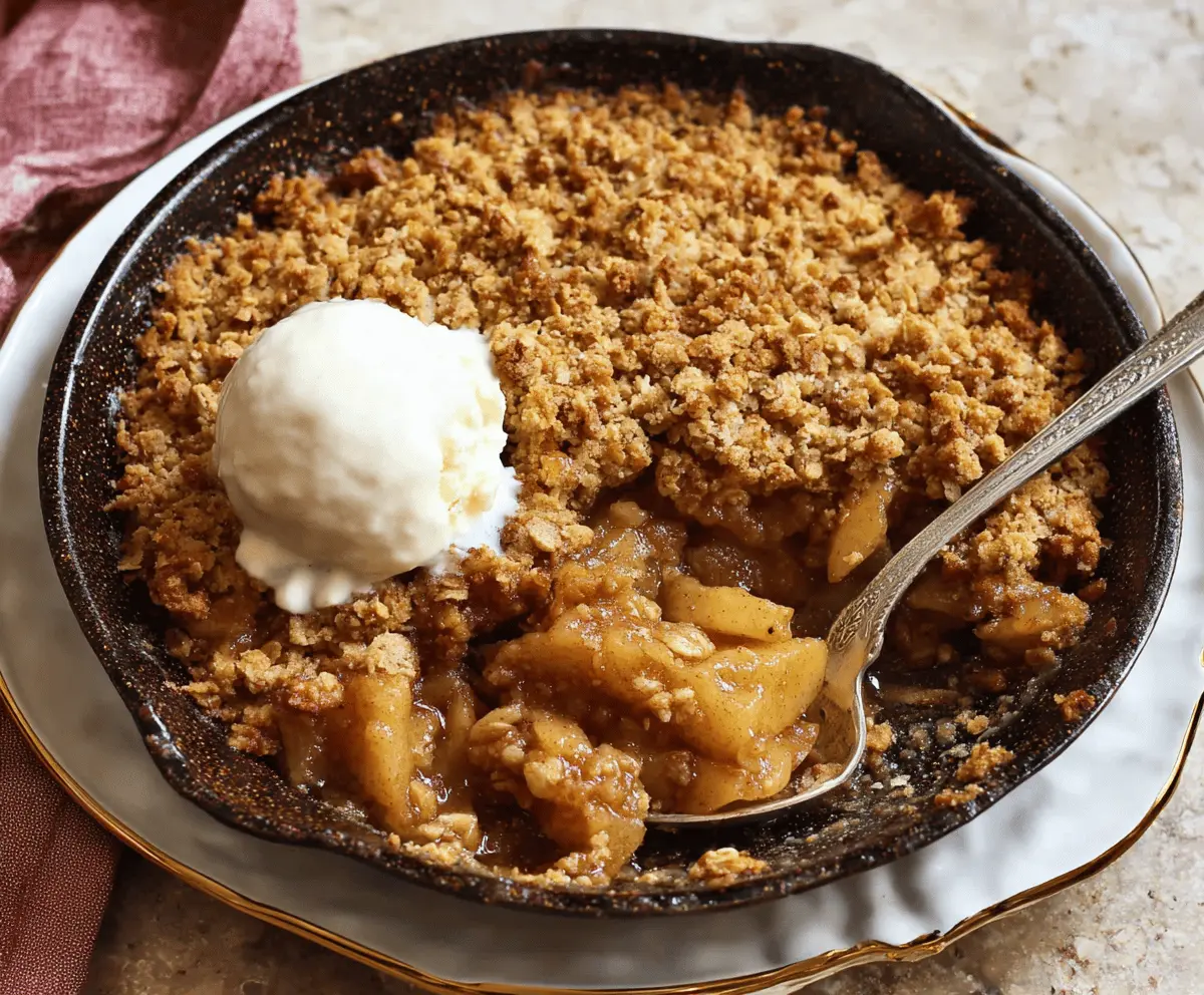 Delicious gluten-free apple crisp topped with golden brown crumble, served in a rustic baking dish with fresh apple slices on the side.