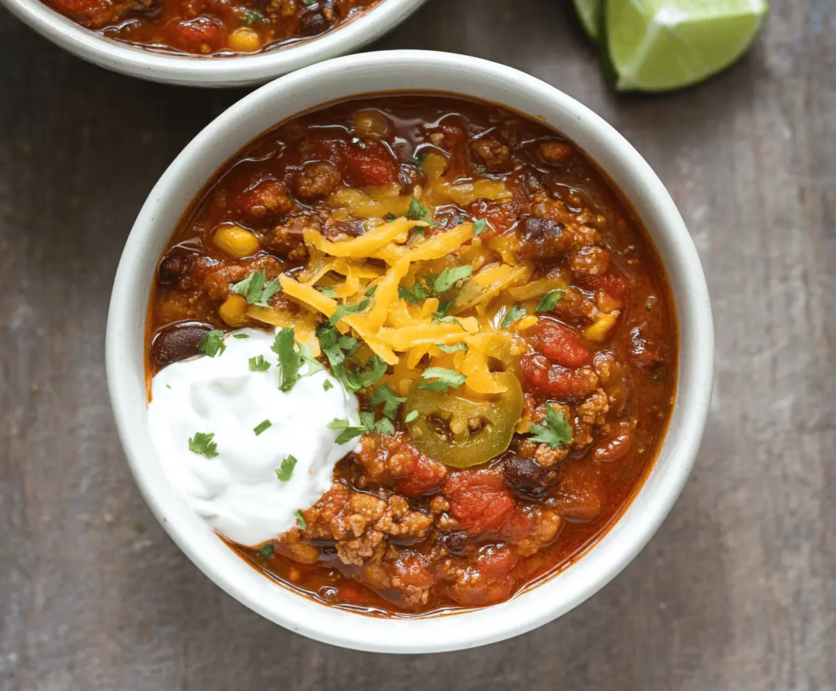 Hearty gluten-free chili in a bowl with beans, tomatoes, and spices, garnished with fresh herbs
