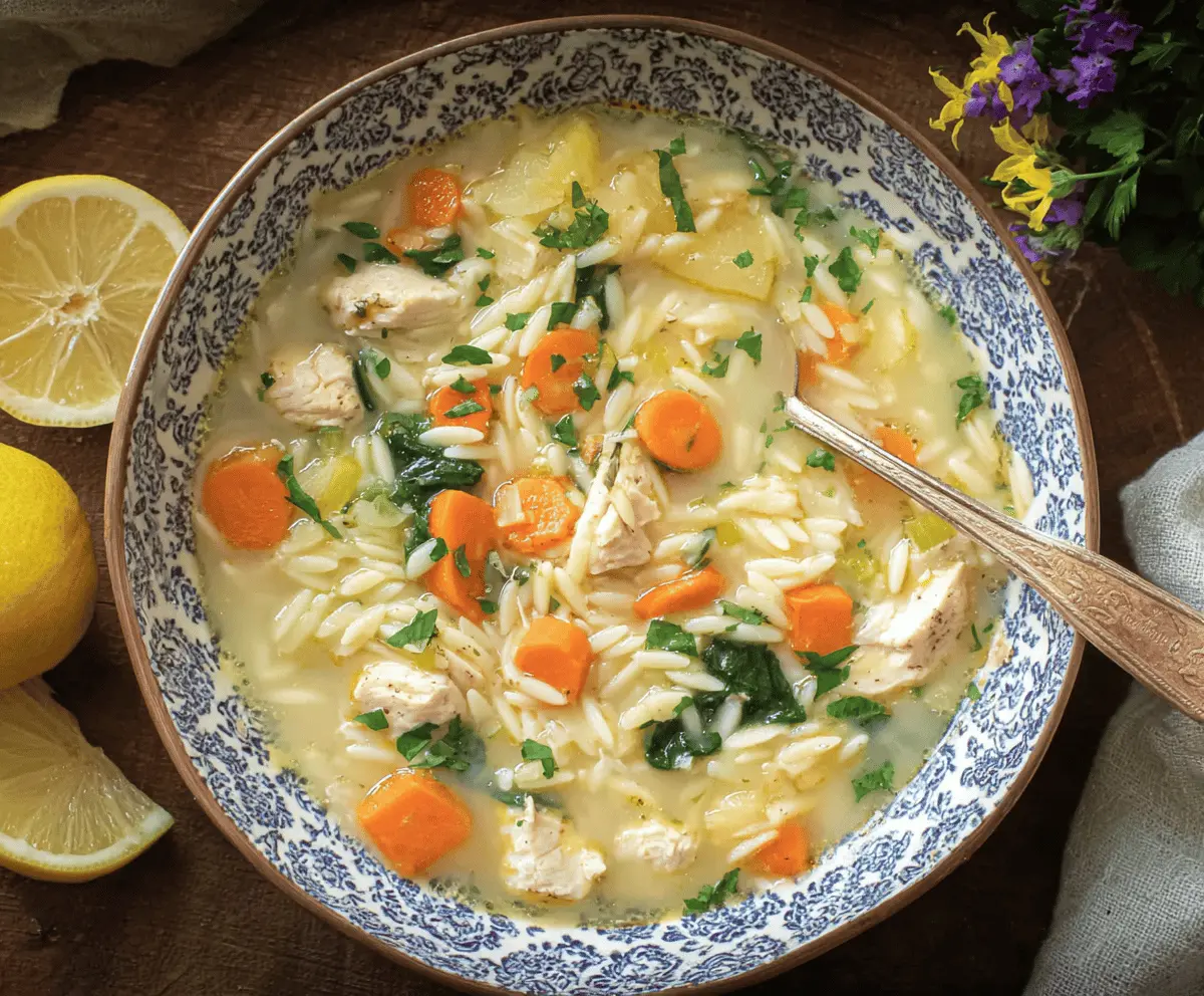 Hearty Greek Lemon Orzo Chicken Soup with fresh herbs, lemon slices, and tender shredded chicken in a warm broth
