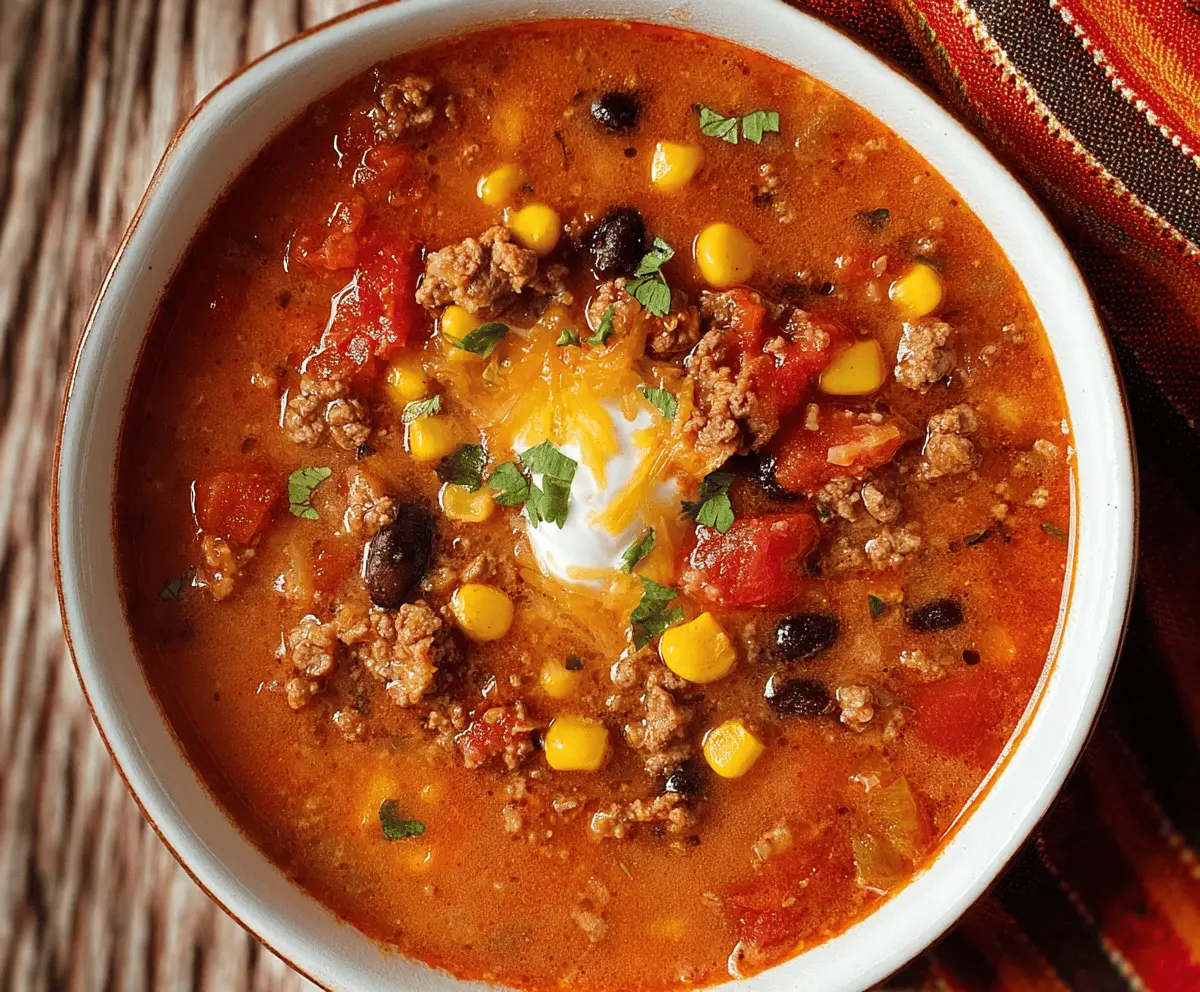 Delicious high-protein taco soup served in a bowl with fresh toppings and tortilla chips, perfect for a hearty and healthy meal.