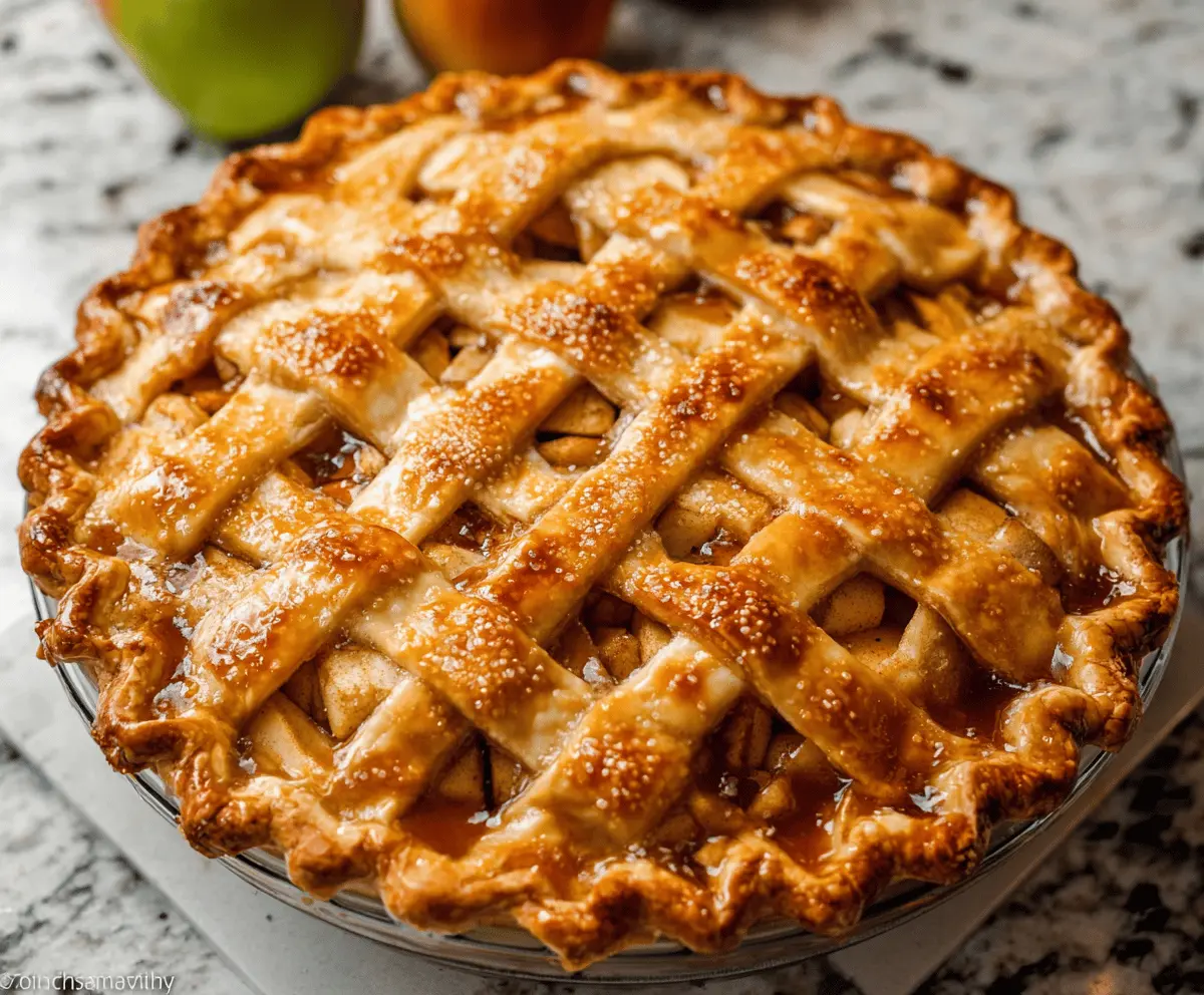 Homemade apple pie with flaky crust and caramelized apple filling on a rustic wooden table